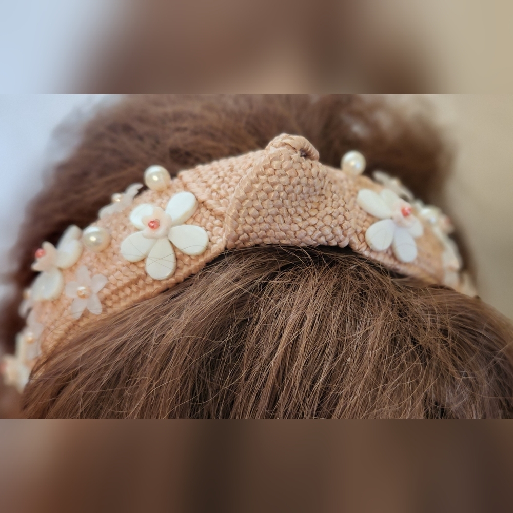 Handbeaded Pink Straw Rattan Headband One of a Kind - Picture 3 of 6